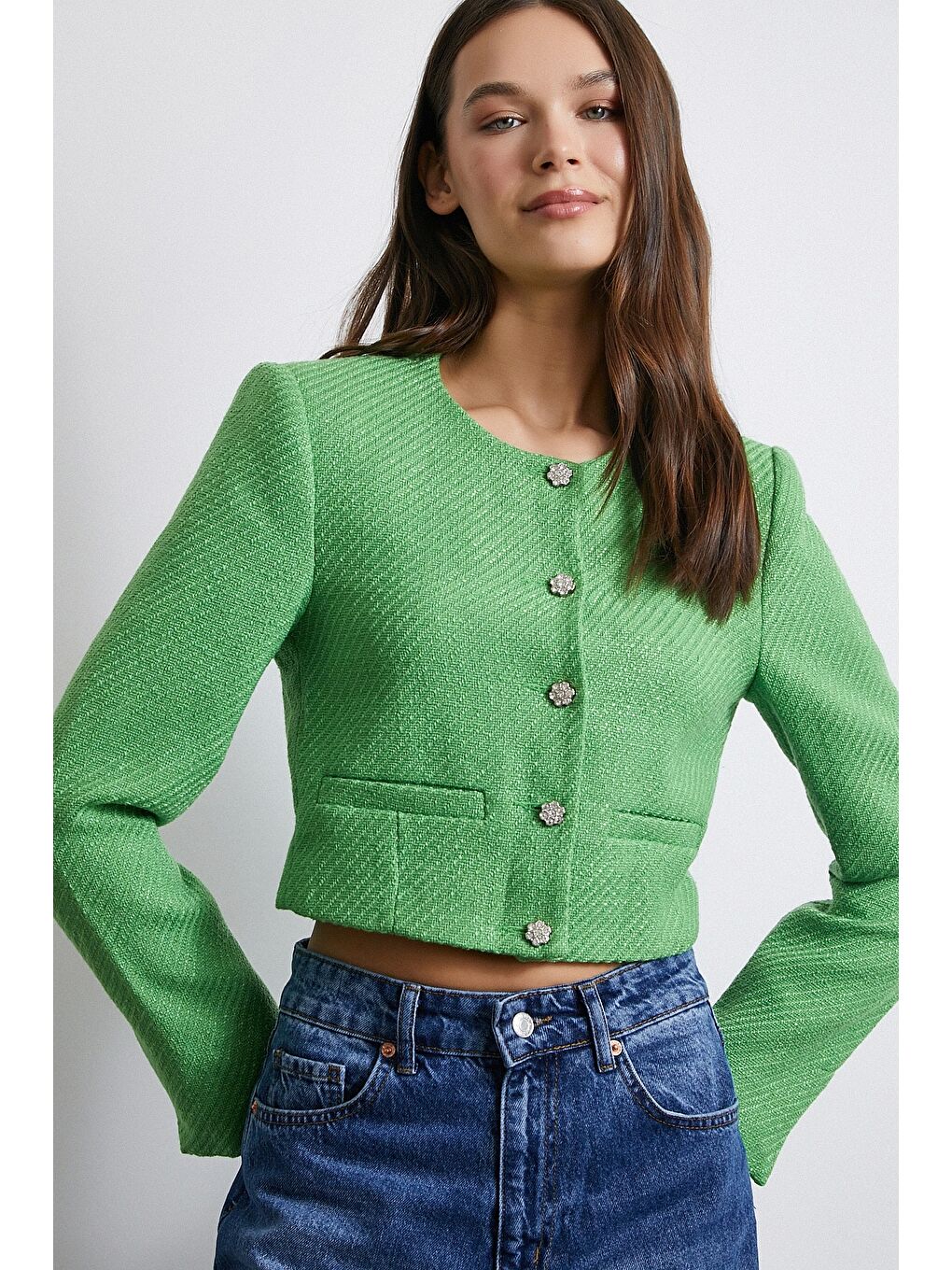 Cep Detaylı Düğmeli Tüvit Ceket Fıstık Yeşili-1