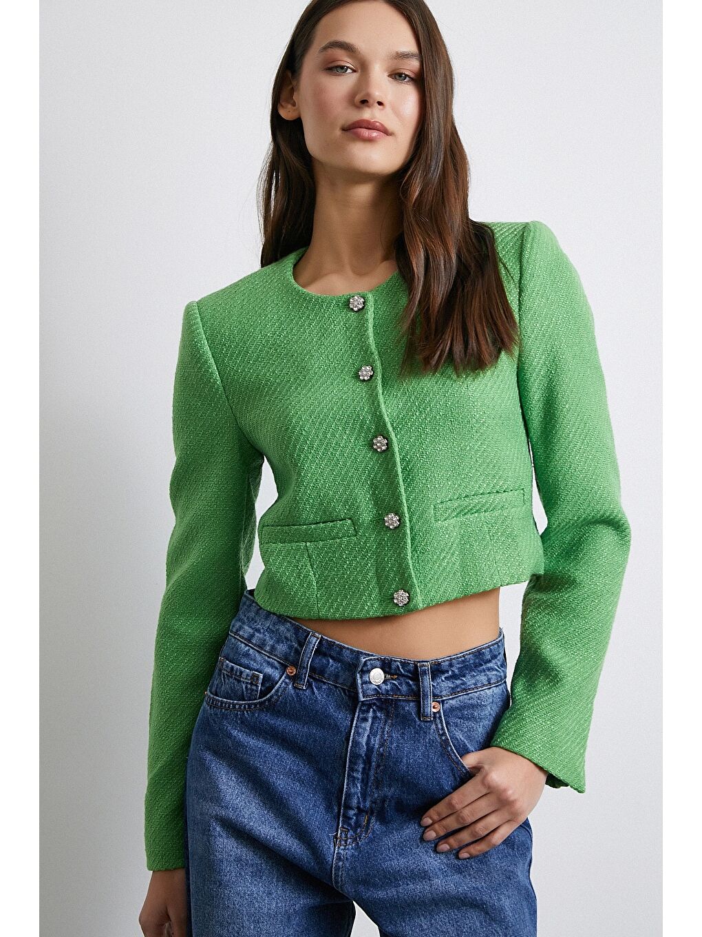 Cep Detaylı Düğmeli Tüvit Ceket Fıstık Yeşili-2