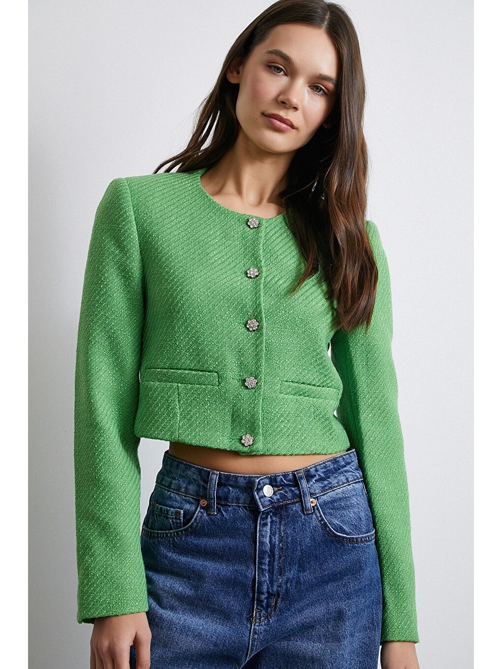 Cep Detaylı Düğmeli Tüvit Ceket Fıstık Yeşili-3