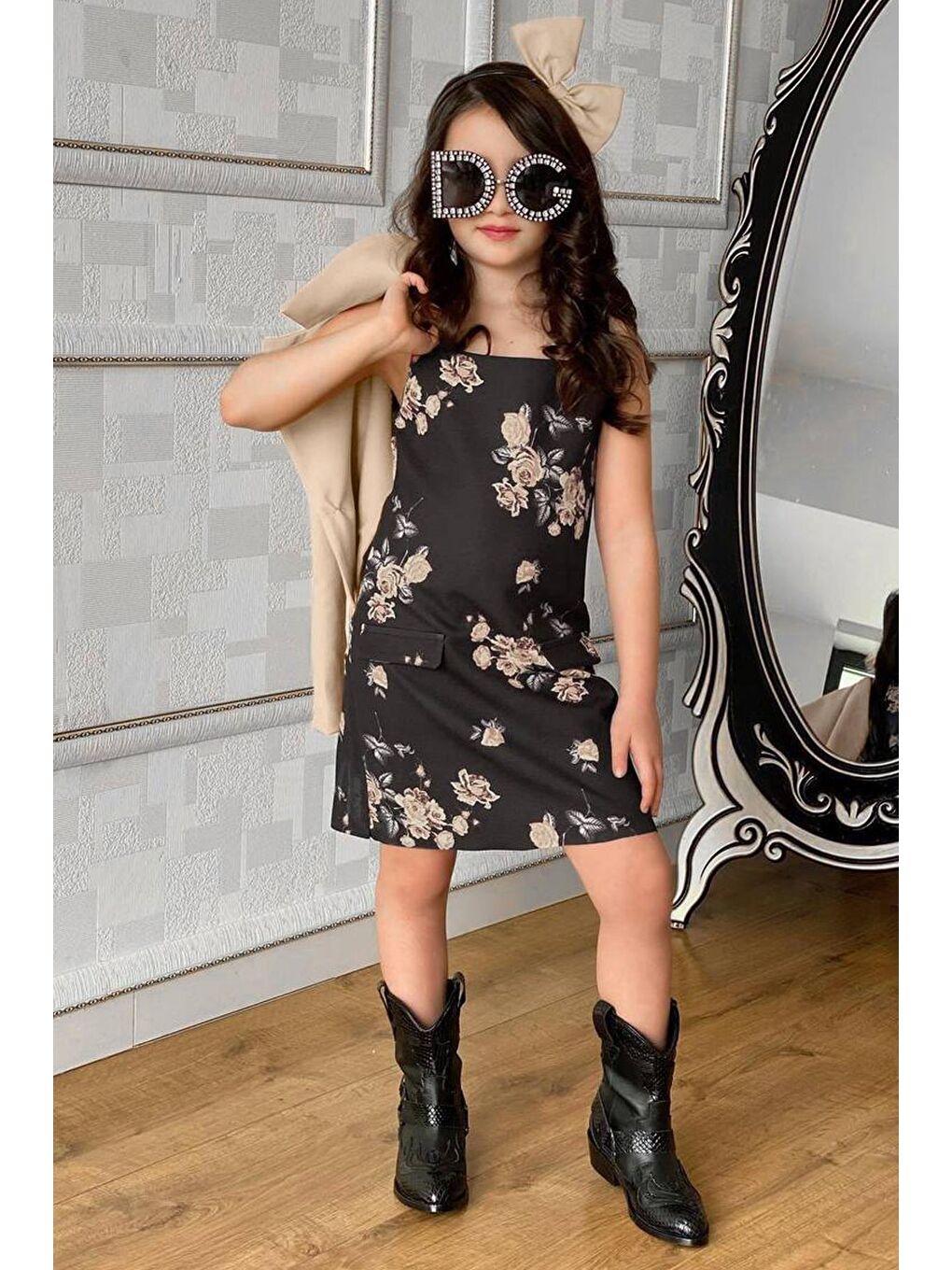 Kız Çocuk Broşlu Blazer Ceketli Çiçek Baskılı Bej Jile-1