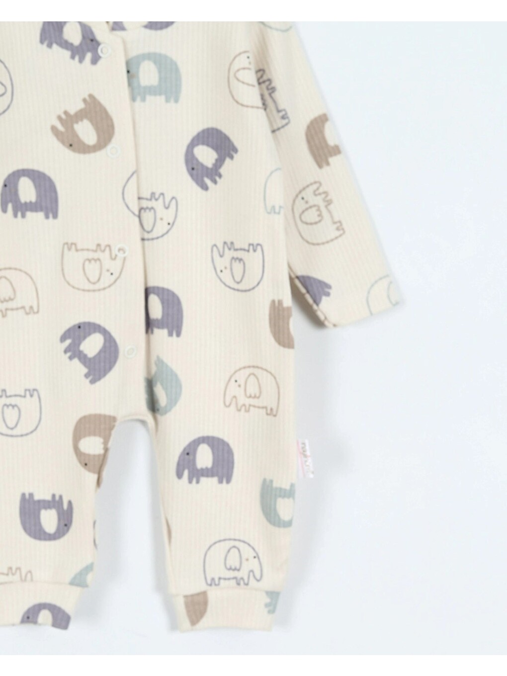 Bej Erkek Bebek Fil Baskılı Patiksiz Manşetli Mevsimlik Çıtçıtlı Yeni Doğan 1-3-6 Ay Tulum-1