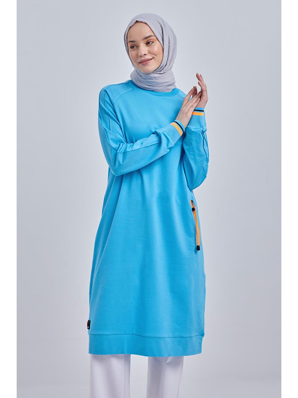 Turkuaz Pamuklu Neon Fermaur Detaylı Sweat Tunik