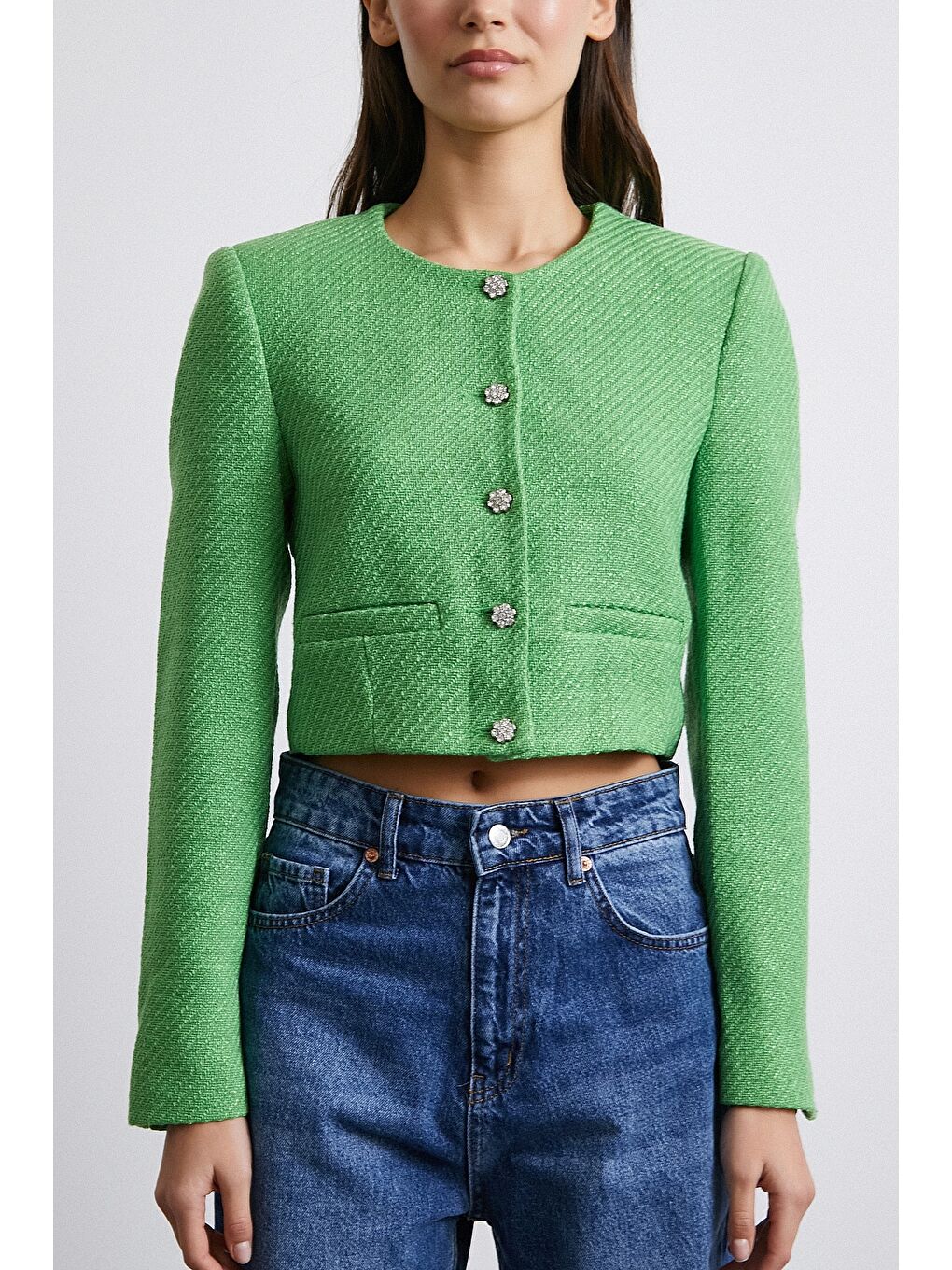 Cep Detaylı Düğmeli Tüvit Ceket Fıstık Yeşili-4