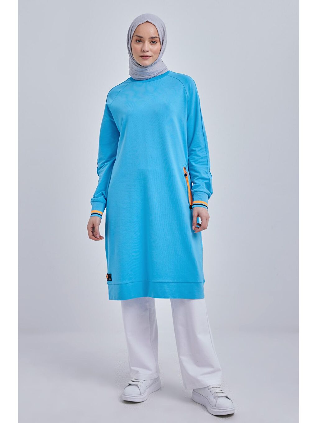 Turkuaz Pamuklu Neon Fermaur Detaylı Sweat Tunik-1