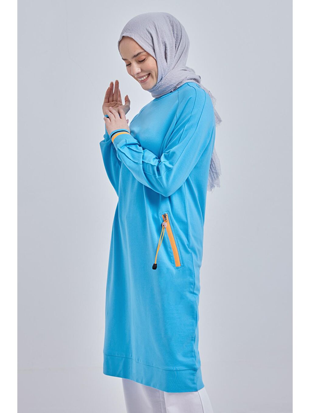 Turkuaz Pamuklu Neon Fermaur Detaylı Sweat Tunik-2