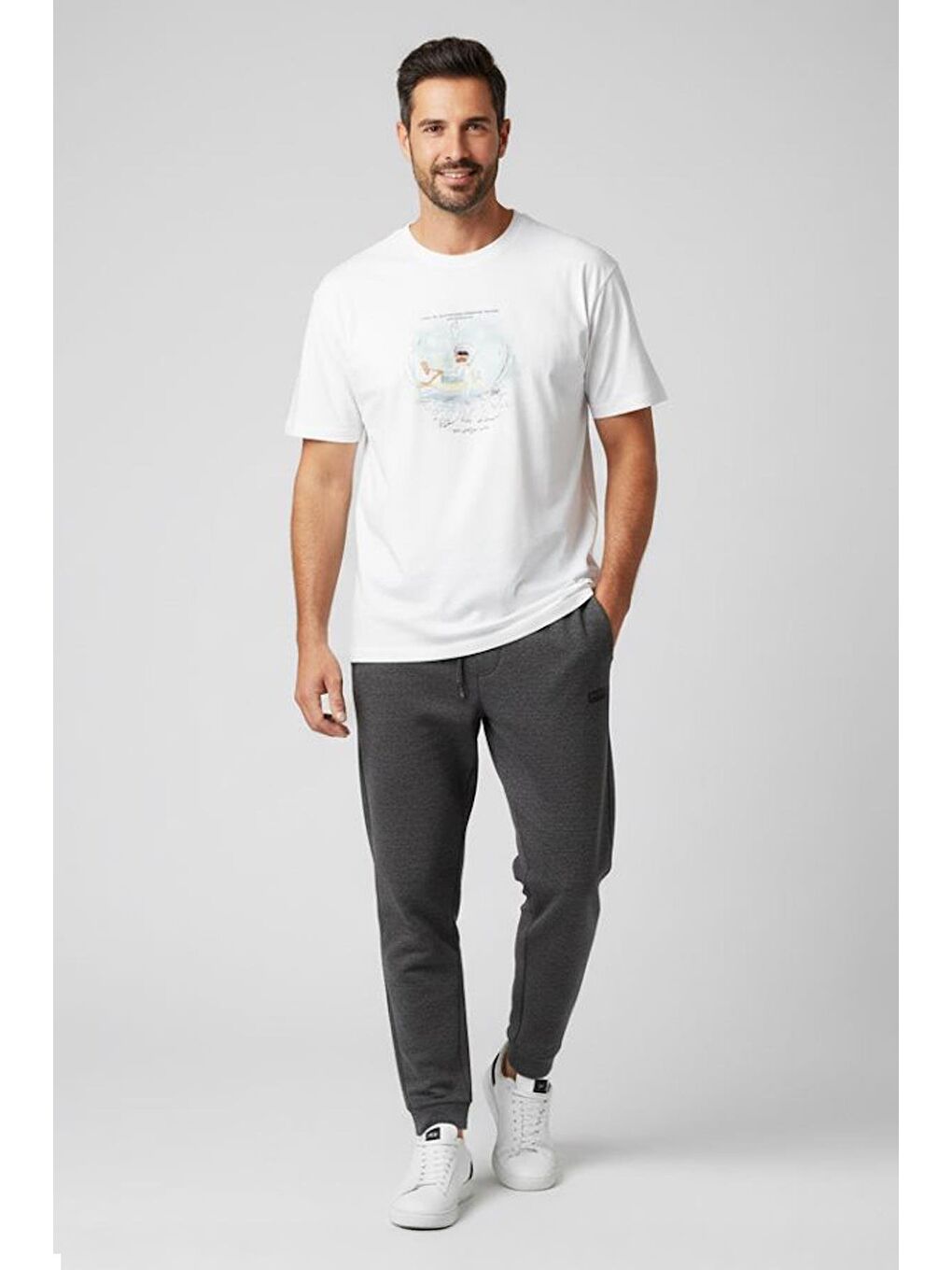 Giotelli Beyaz Oversize Fit %100 Pamuk Bisiklet Yaka Baskılı Erkek Tişört