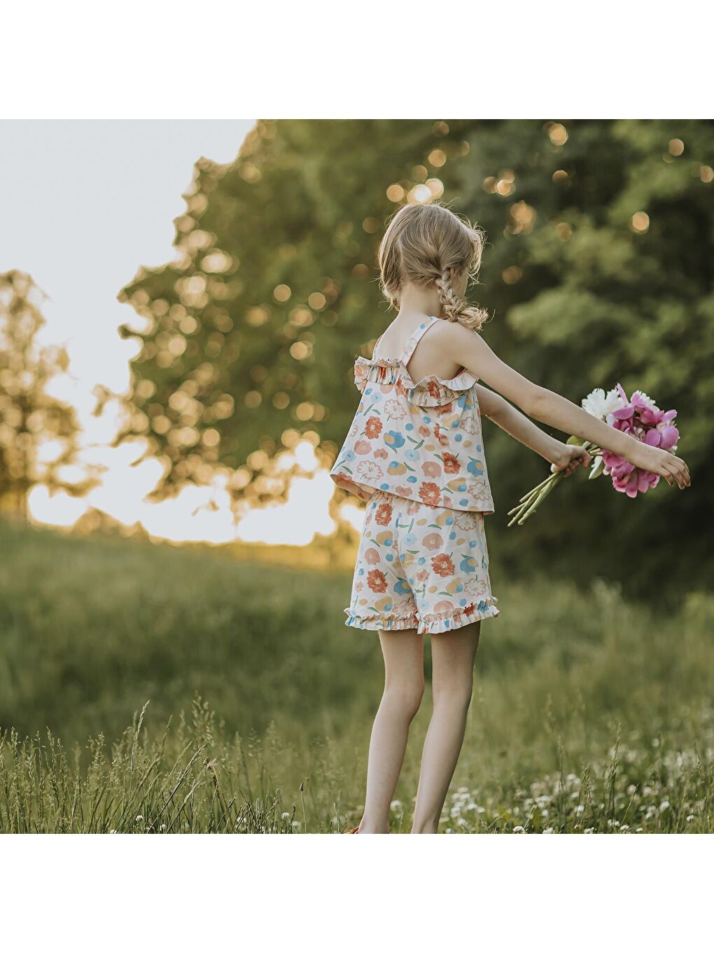 Pembe Çiçek Buketi Fırfırlı Şortlu Set-5