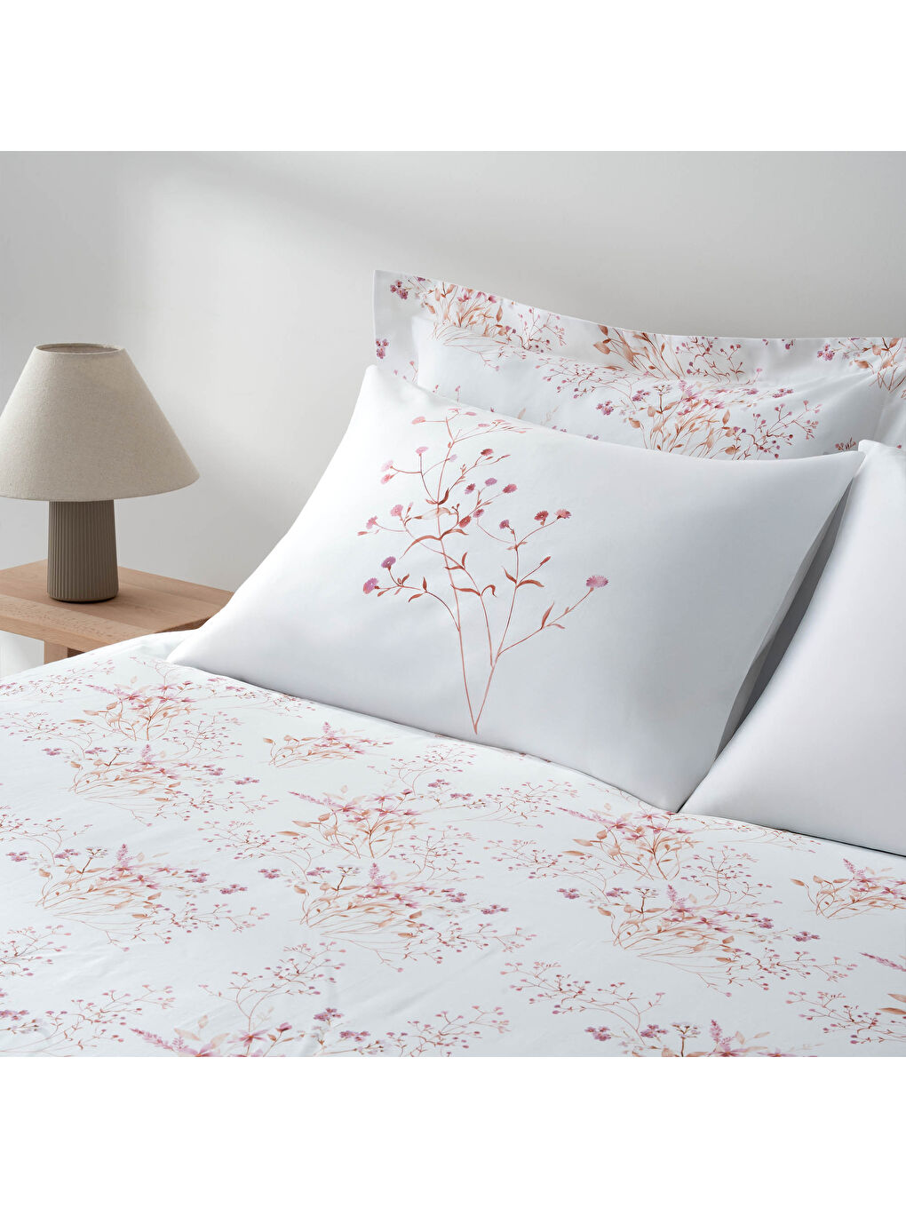 Ekru Lavena Çift Kişilik Nevresim Takımı %100 Pamuk 210 TC 83 Tel Saten Digital Baskılı Krem-Pembe-1