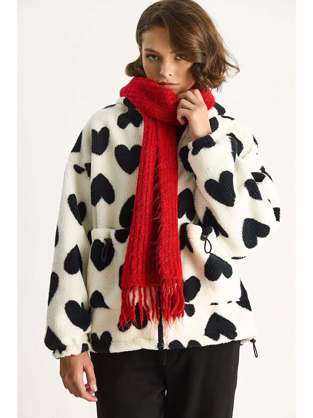 Lila Kadın Kalpli Kapüşonlu Oversize Pelüş Mont RI-2