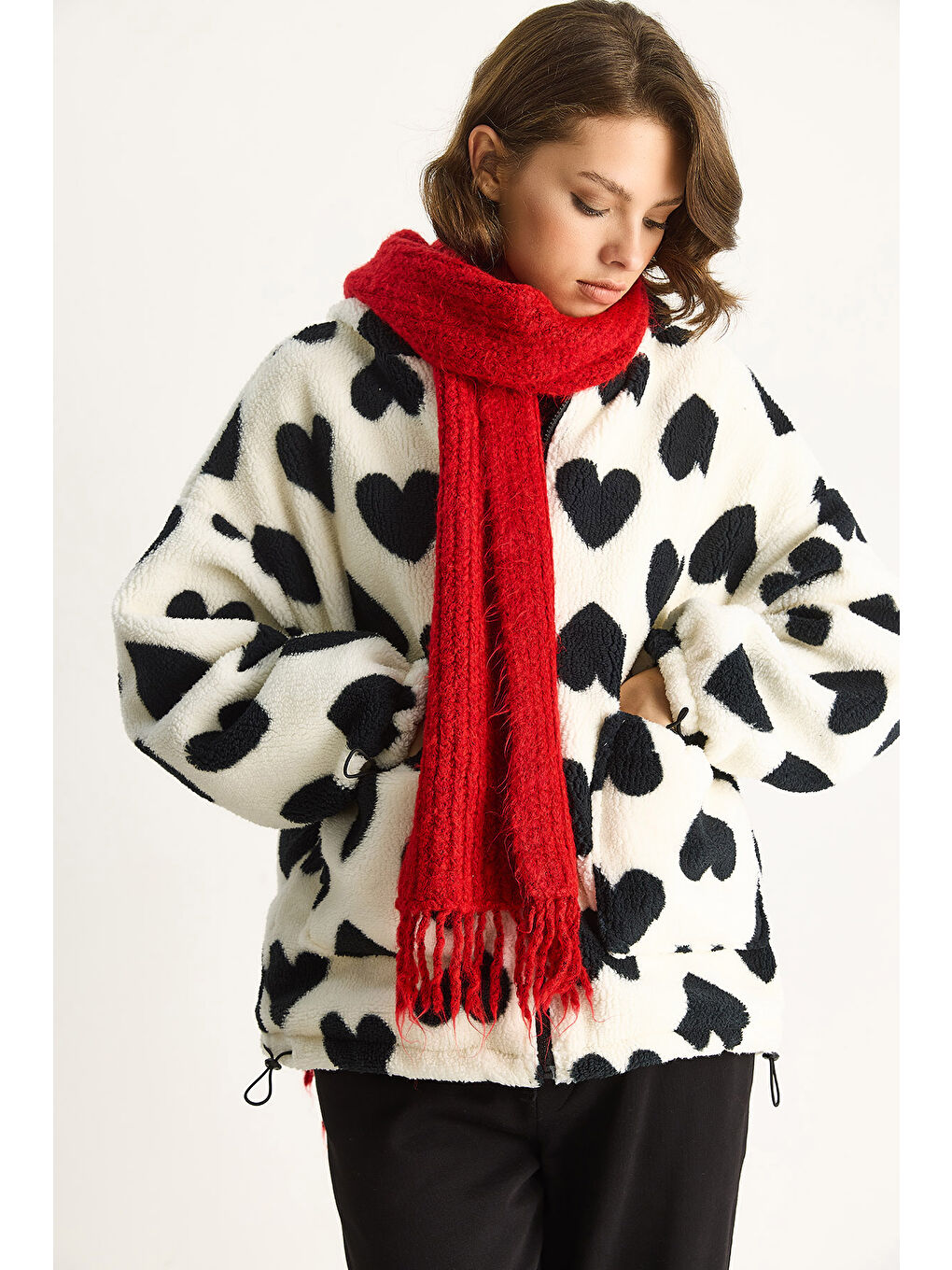 Lila Kadın Kalpli Kapüşonlu Oversize Pelüş Mont RI-3