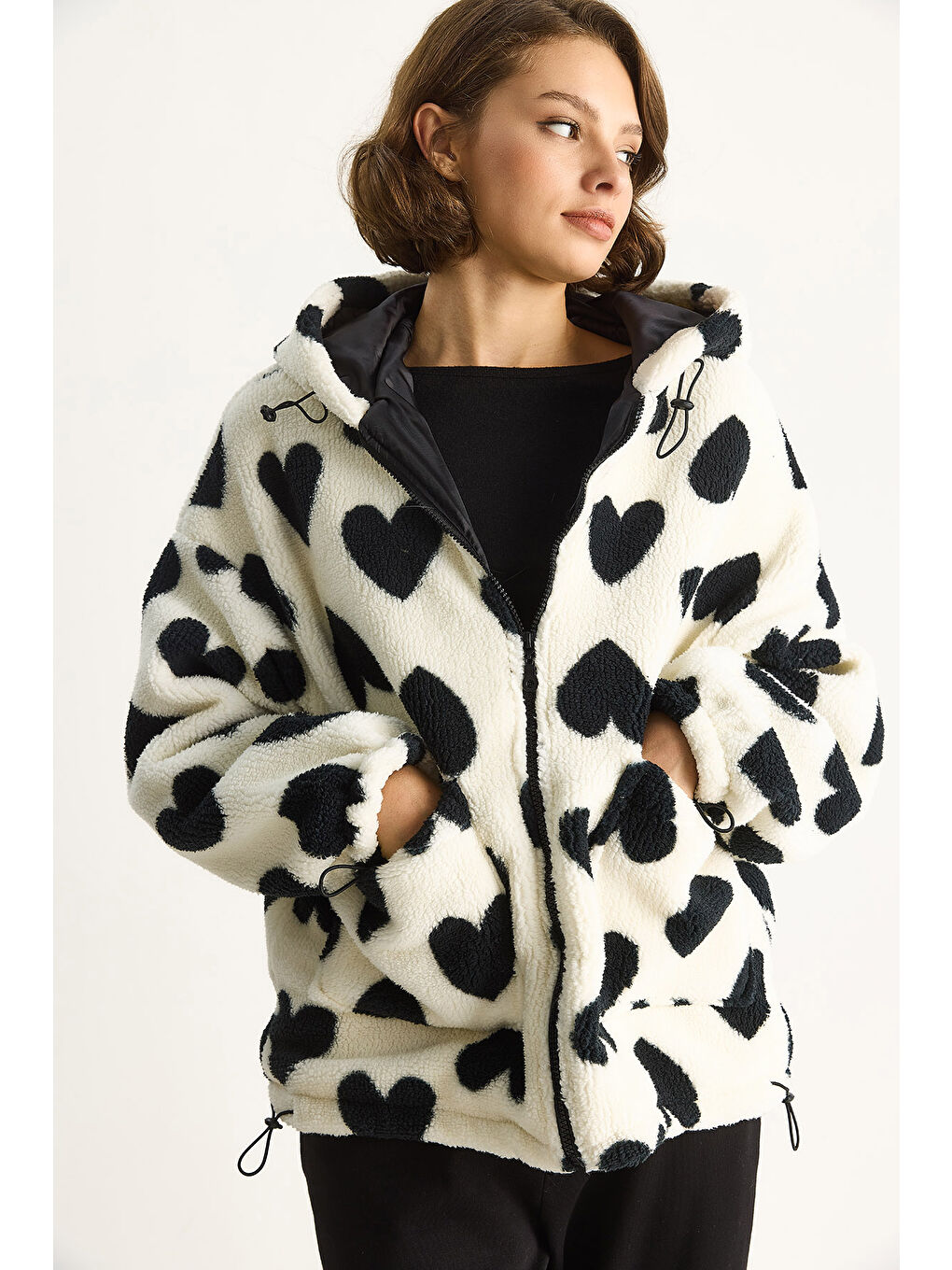 Lila Kadın Kalpli Kapüşonlu Oversize Pelüş Mont RI-4