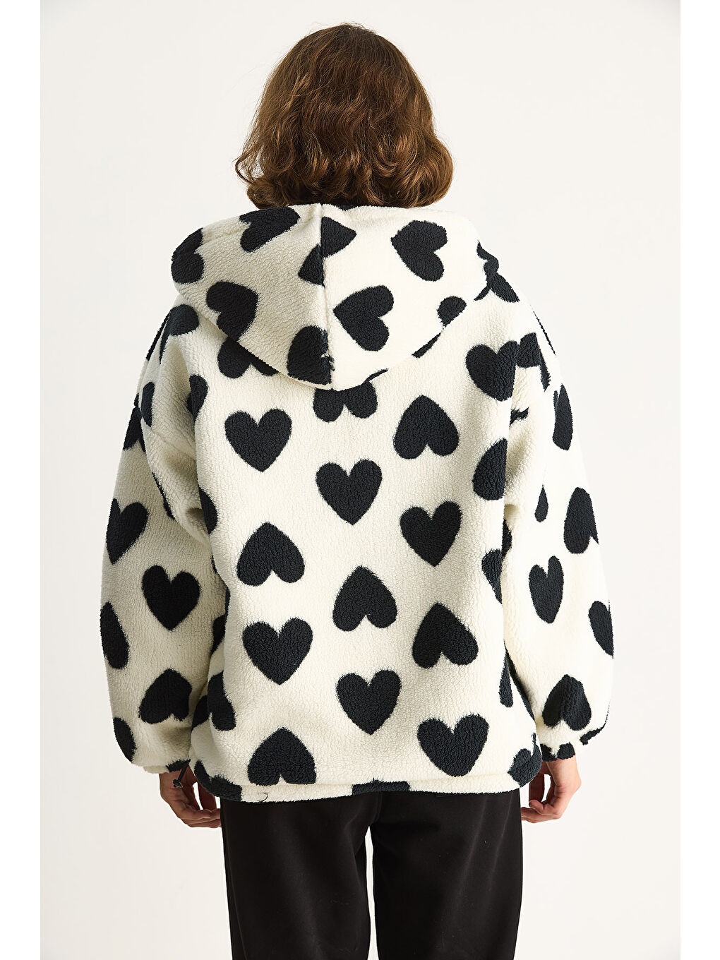 Lila Kadın Kalpli Kapüşonlu Oversize Pelüş Mont RI-7