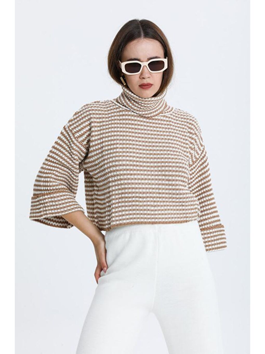 Sarı Kadın Degaje Yaka Çizgili Triko Bluz 014