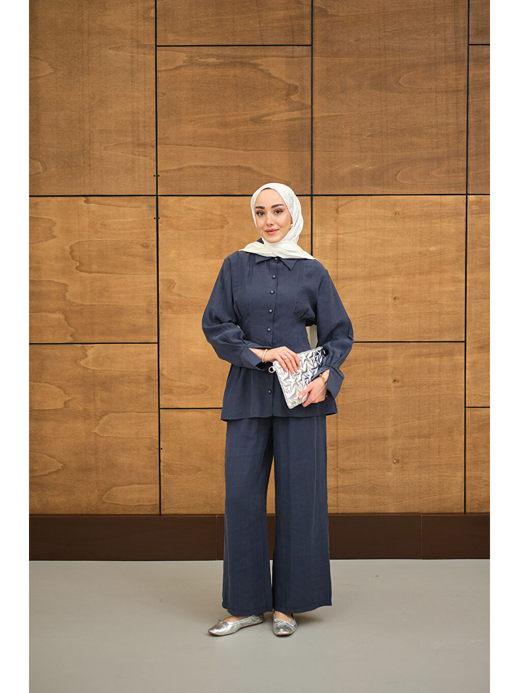 Kadın Beli Pile Detay İki Kemerli Gömlek Yaka Takım Lacivert