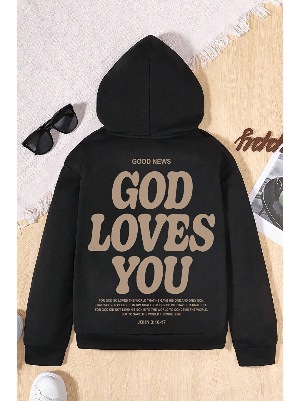 uyguntarz Siyah God Loves You Baskılı Erkek - Kız Çocuk Rahat Kalıp Sweatshirt