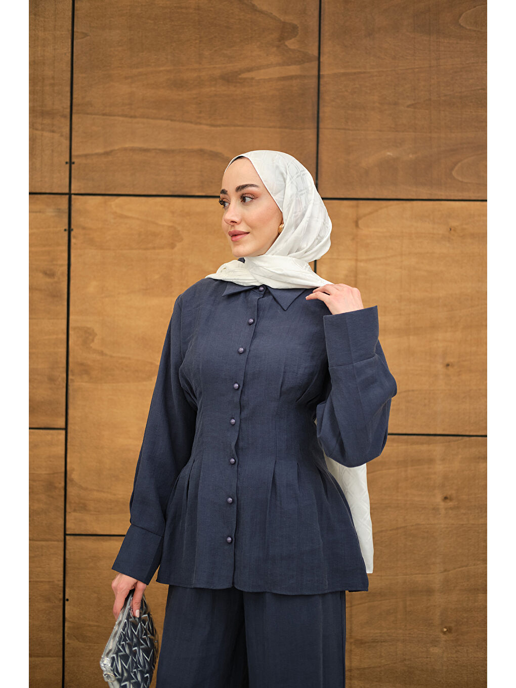 Kadın Beli Pile Detay İki Kemerli Gömlek Yaka Takım Lacivert-1