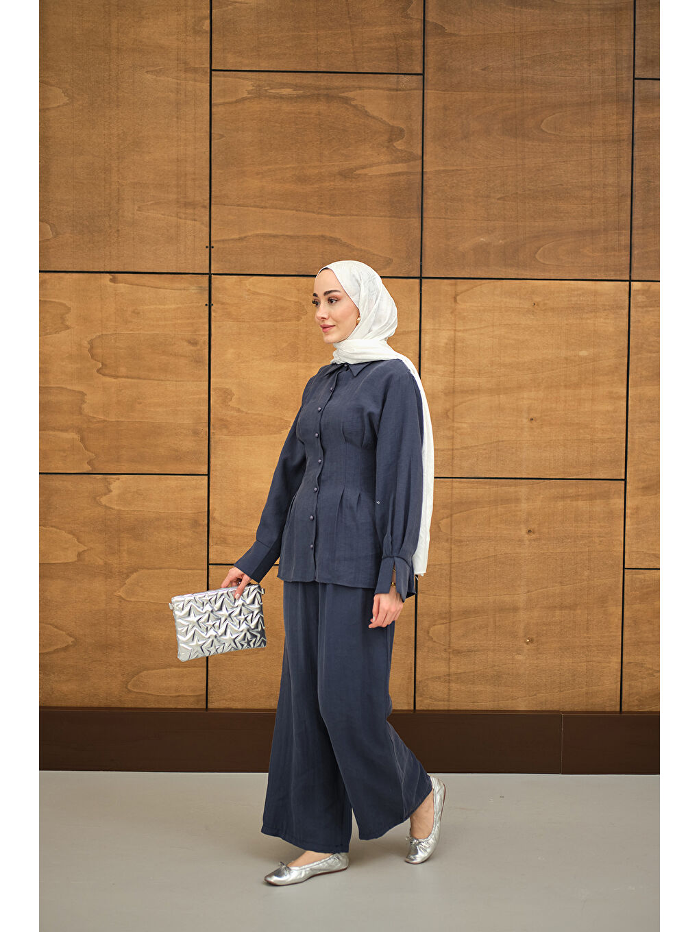 Kadın Beli Pile Detay İki Kemerli Gömlek Yaka Takım Lacivert-2
