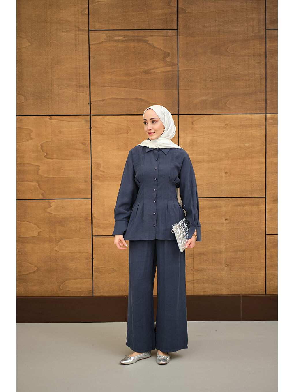 Kadın Beli Pile Detay İki Kemerli Gömlek Yaka Takım Lacivert-3