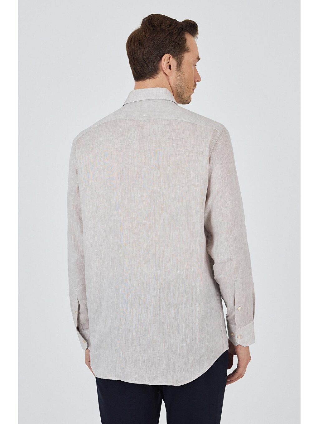 Kahverengi Uzun Kol Düz Keten Düğmeli Yaka Cepsiz Casual Comfort Fit Gömlek 1004250114-4