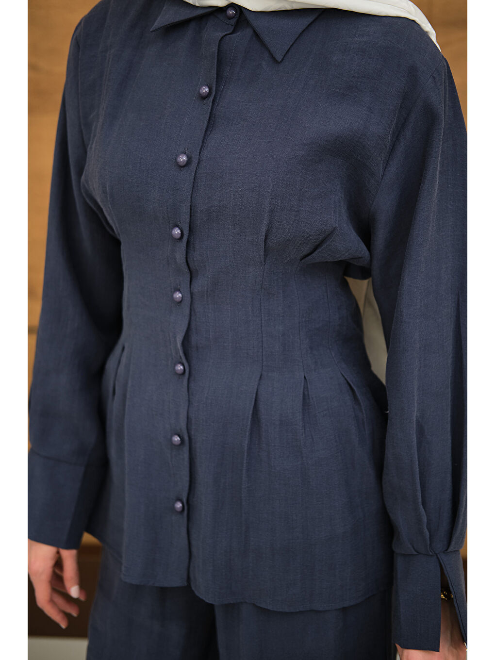 Kadın Beli Pile Detay İki Kemerli Gömlek Yaka Takım Lacivert-4