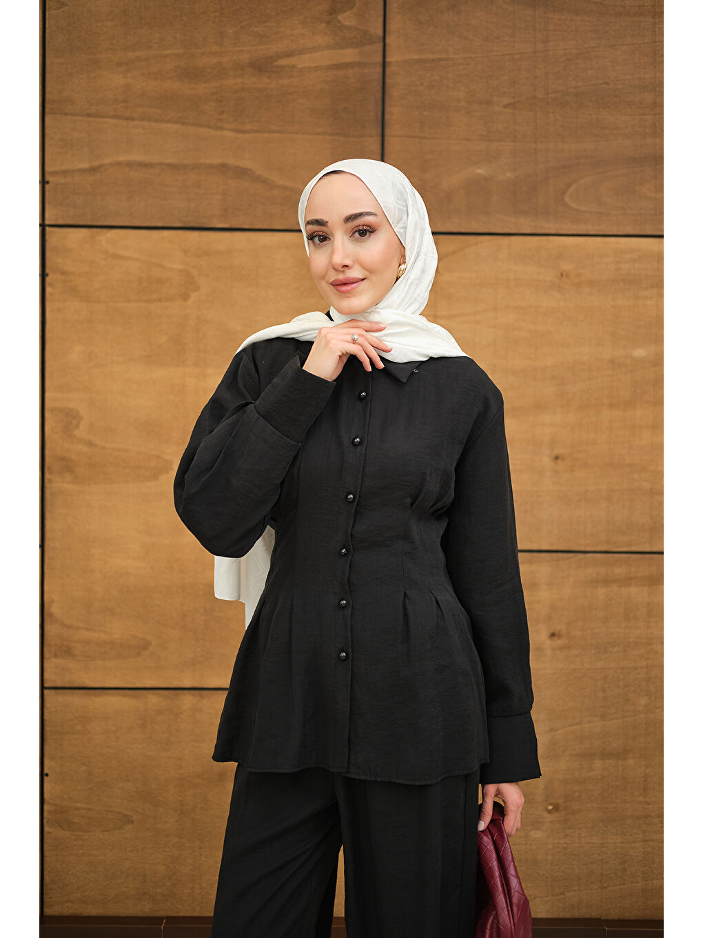 Kadın Beli Pile Detay İki Kemerli Gömlek Yaka Takım Siyah-1