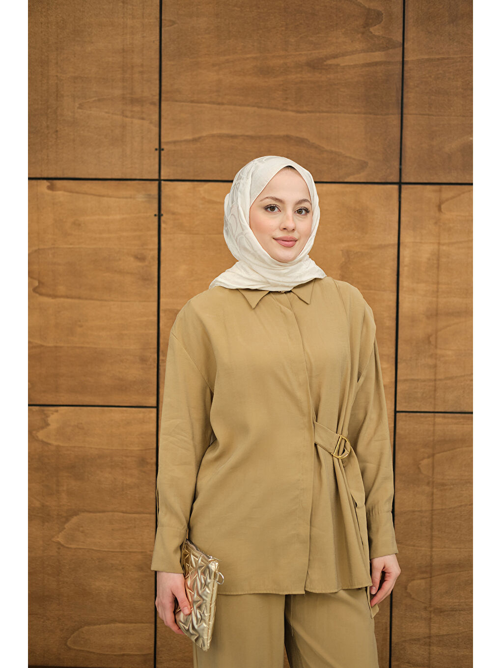 Sarı Kadın Beli Gold Kemer Detay Gömlek Yaka Takım Hardal-1