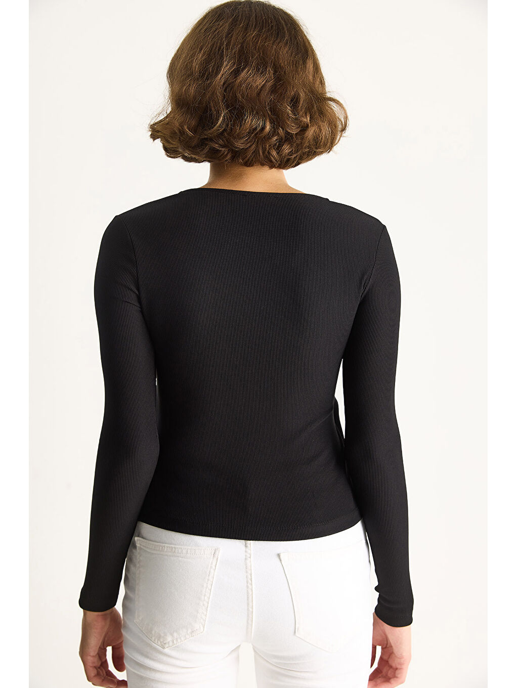 Siyah Kadın Kruvaze Yaka Gold Toka Detaylı Uzun Kollu Bluz-5