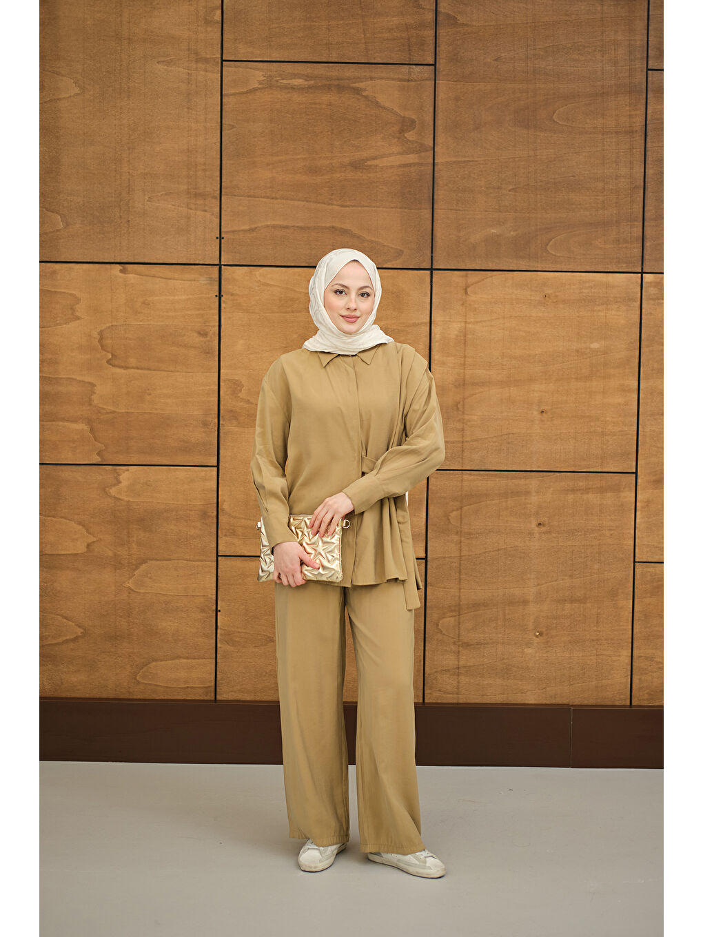 Sarı Kadın Beli Gold Kemer Detay Gömlek Yaka Takım Hardal-2