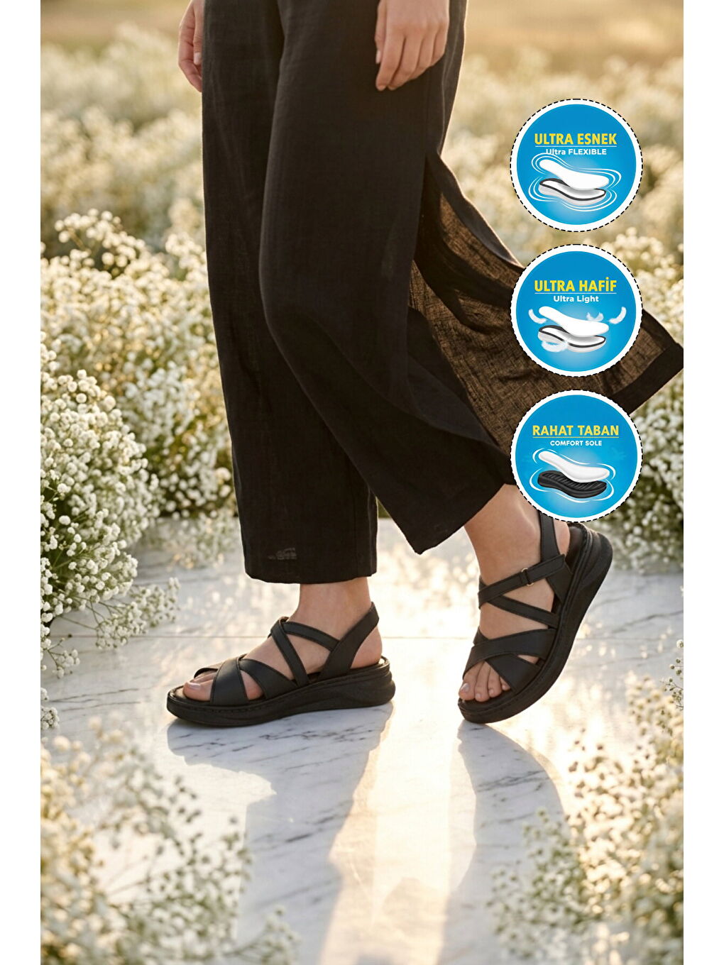 Siyah Hafif Yumuşak Tabanlı Cırtlı Kadın Sandalet 492142 Z-2
