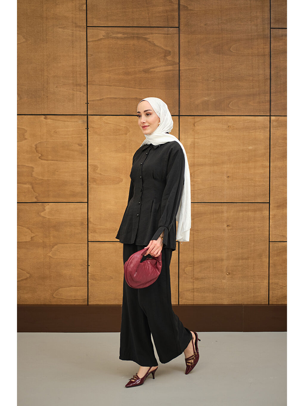 Kadın Beli Pile Detay İki Kemerli Gömlek Yaka Takım Siyah-4