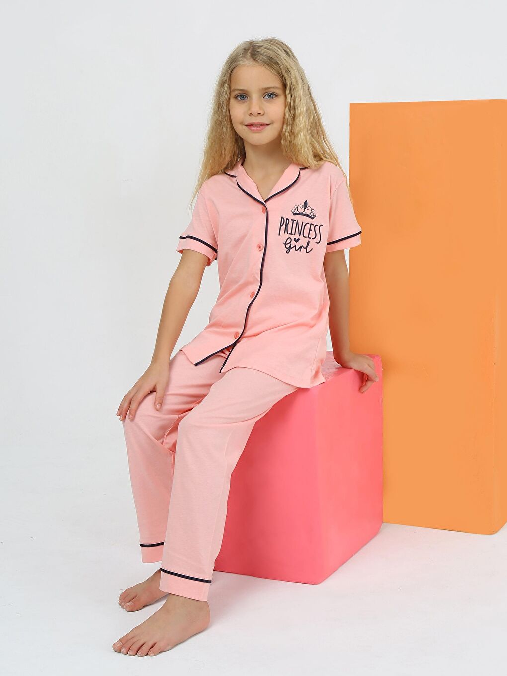 Vitmo Pembe Kız Çocuk Kısa Kollu %100 Pamuklu Düğmeli Pijama Takımı Princess
