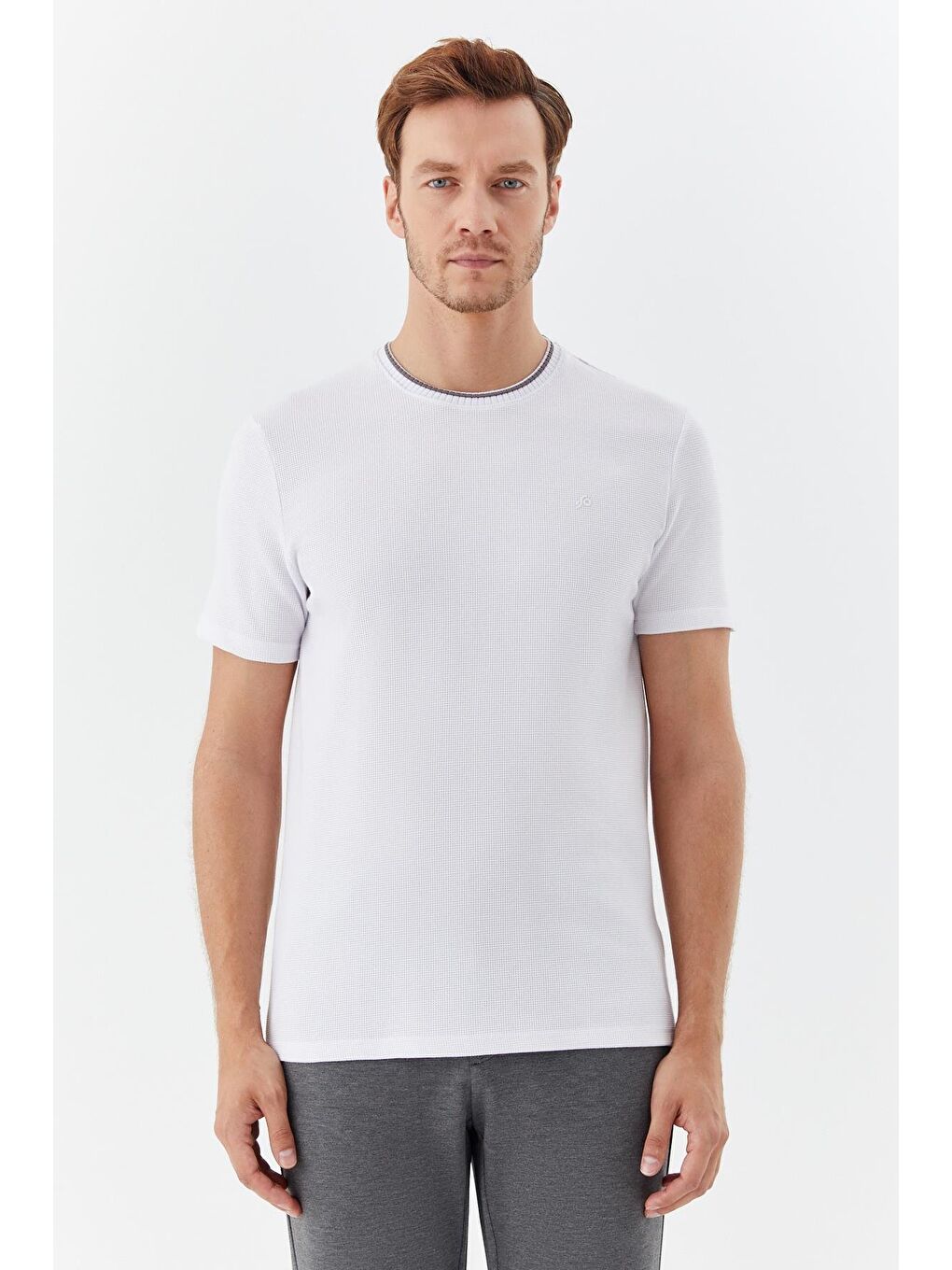 Ekru Bisiklet Yaka Dokulu Örme Erkek T-Shirt