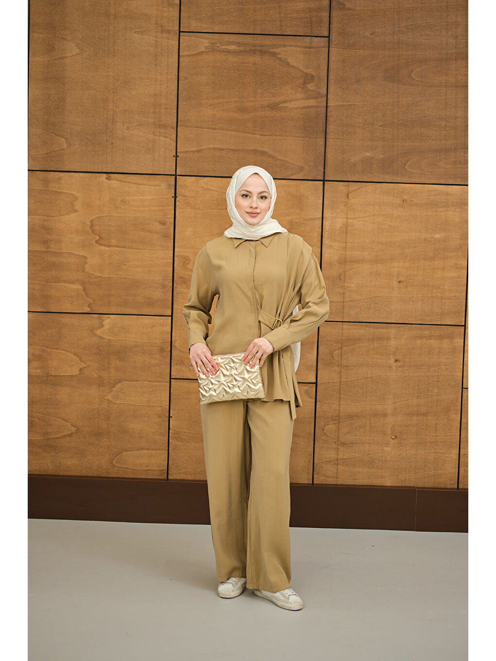 Sarı Kadın Beli Gold Kemer Detay Gömlek Yaka Takım Hardal-4