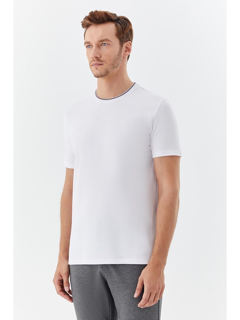 Ekru Bisiklet Yaka Dokulu Örme Erkek T-Shirt-2