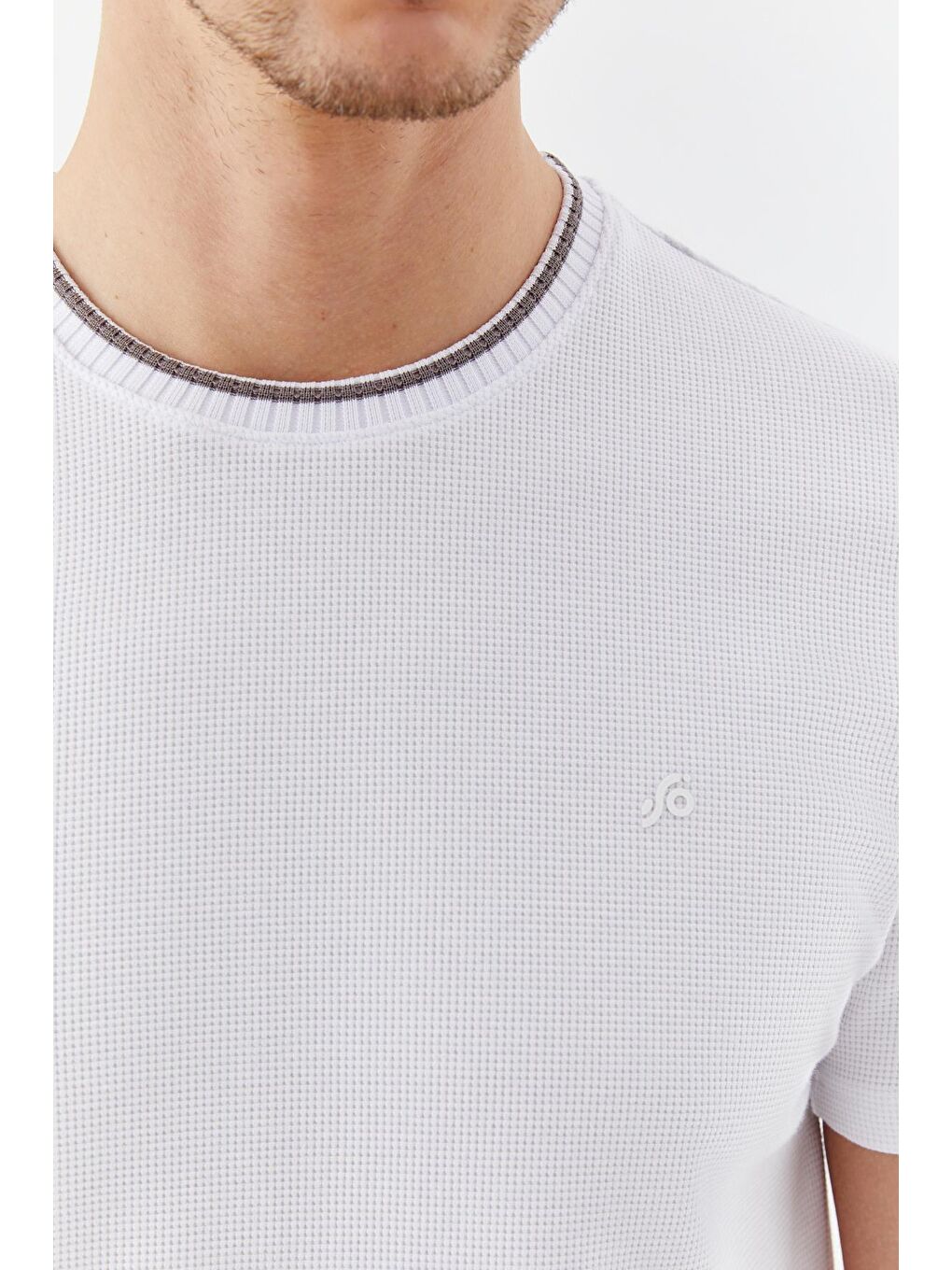 Ekru Bisiklet Yaka Dokulu Örme Erkek T-Shirt-3