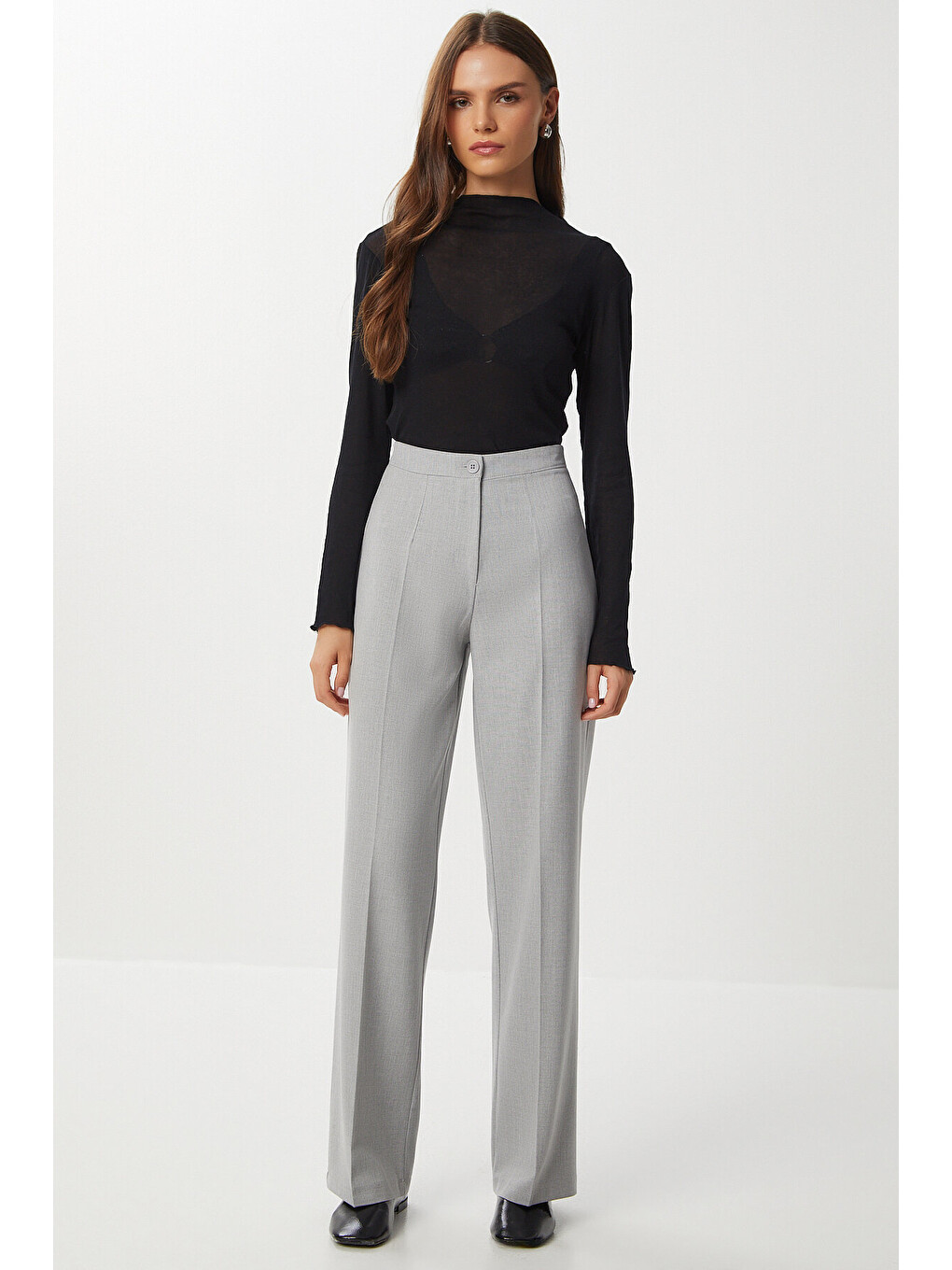 Dikişli Straight Poliviskon Pantolon Gri Lgp0023