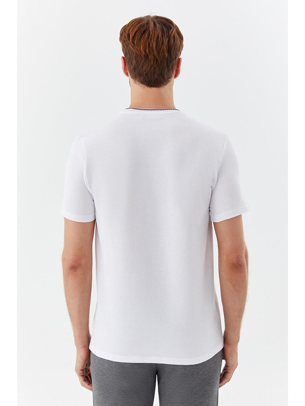 Ekru Bisiklet Yaka Dokulu Örme Erkek T-Shirt-4