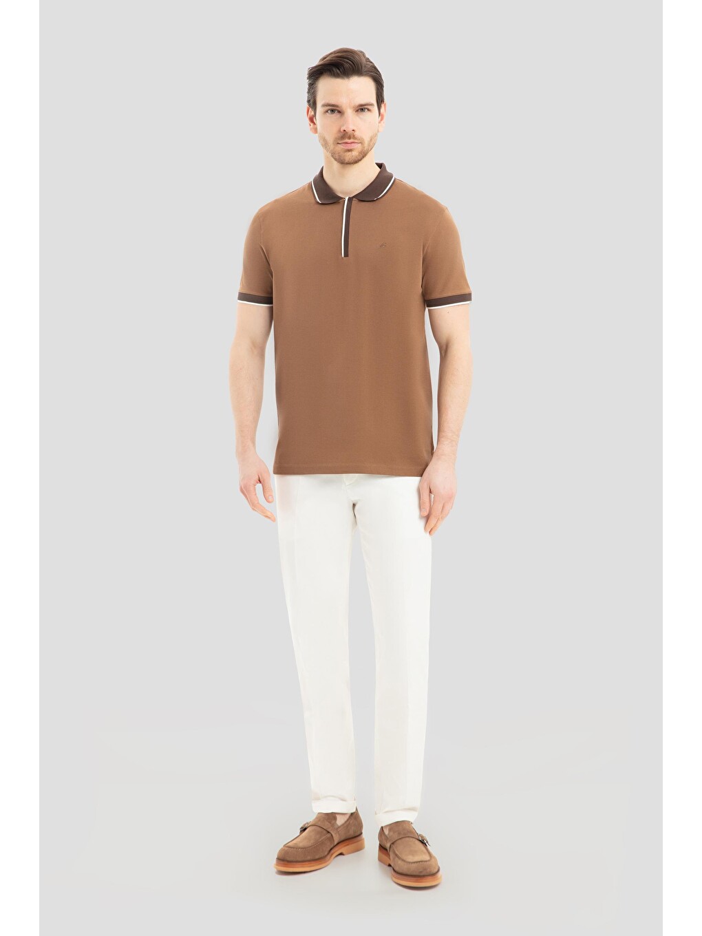 Kahverengi Fermuarlı Polo Yaka Erkek Tişört Açık Kahve-1