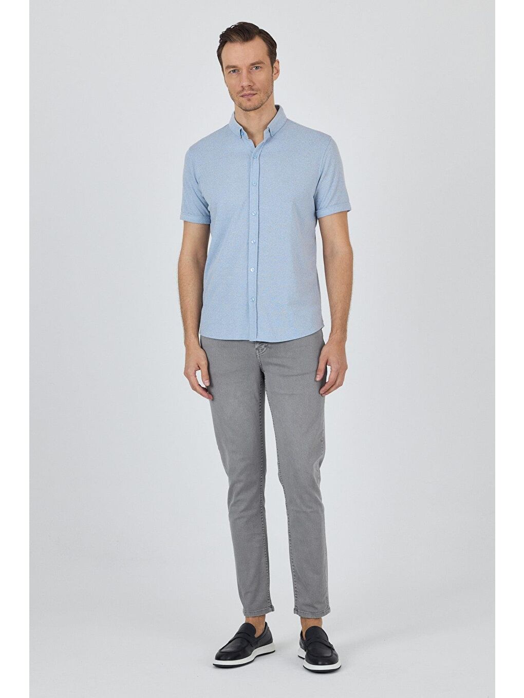 Koyu Mavi Kısa Kol Düz Örme Düğmeli Yaka Cepsiz Pamuklu Classic Slim Fit Gömlek 1004250155_300-1