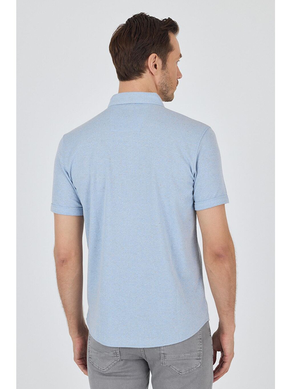 Koyu Mavi Kısa Kol Düz Örme Düğmeli Yaka Cepsiz Pamuklu Classic Slim Fit Gömlek 1004250155_300-4