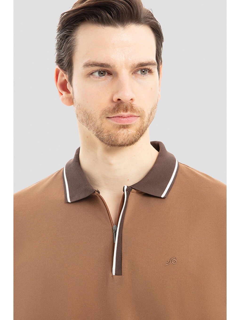 Kahverengi Fermuarlı Polo Yaka Erkek Tişört Açık Kahve-3