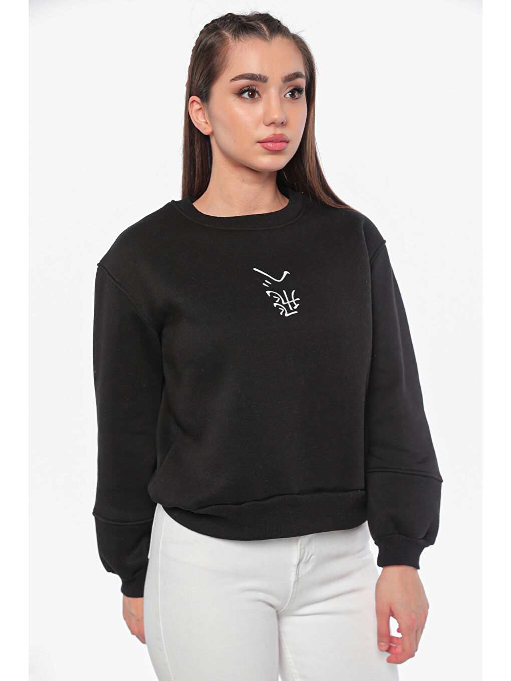 GÜLSELİ Siyah Kadın Şardonlu Baskılı Sweatshirt - 1