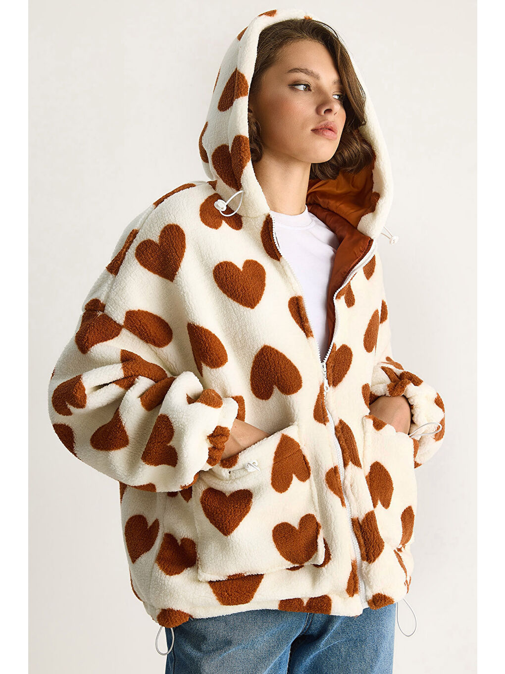 Lila Kadın Kalpli Kapüşonlu Oversize Pelüş Mont RI