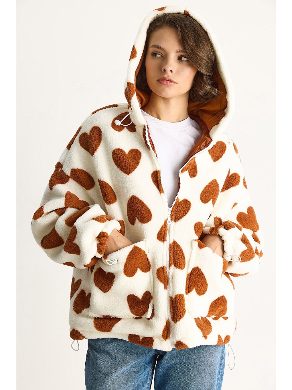 Lila Kadın Kalpli Kapüşonlu Oversize Pelüş Mont RI-1