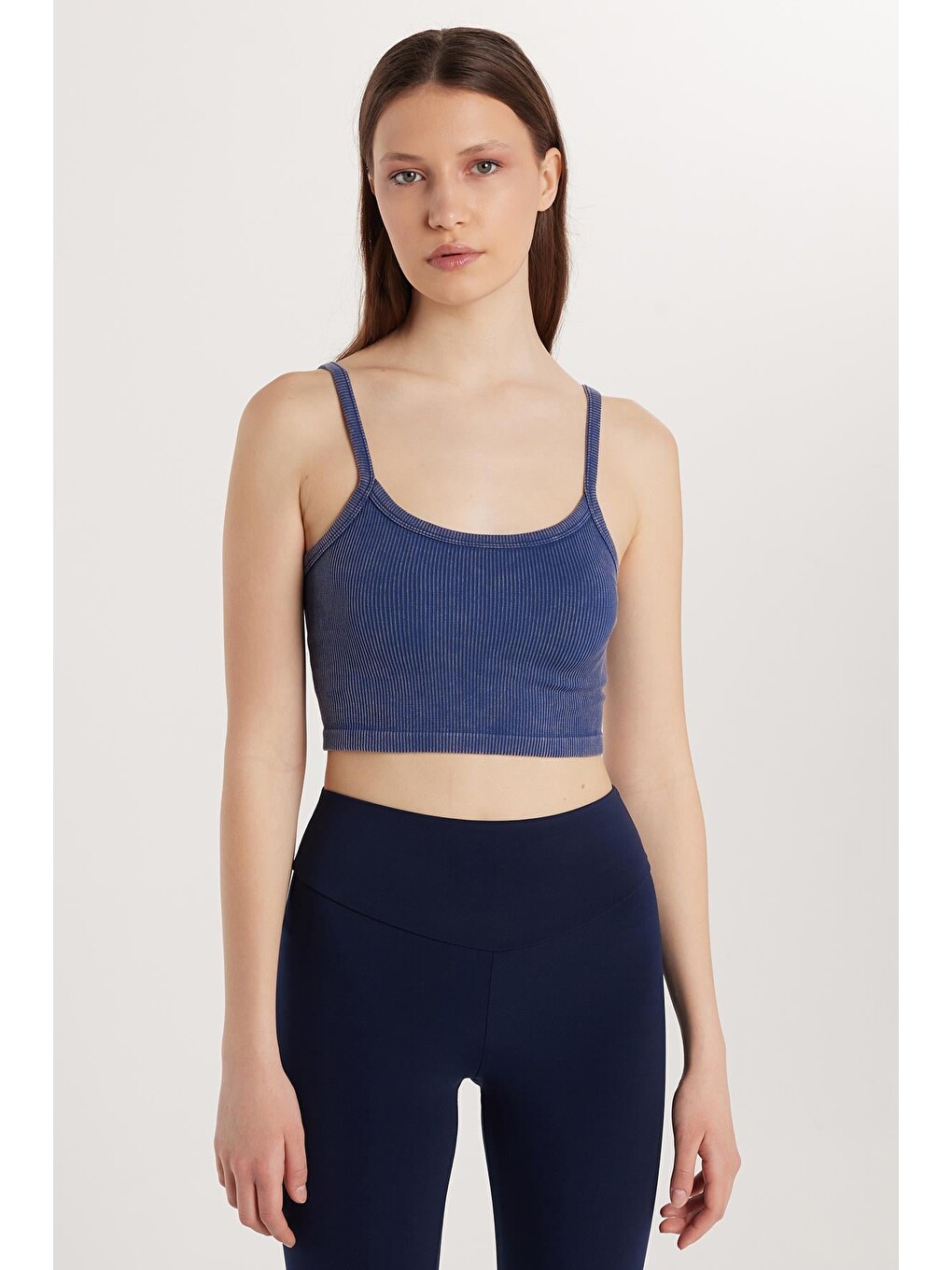 Kadın Slim Fit Kare Yaka Düz Basic İndigo Crop Atlet-3