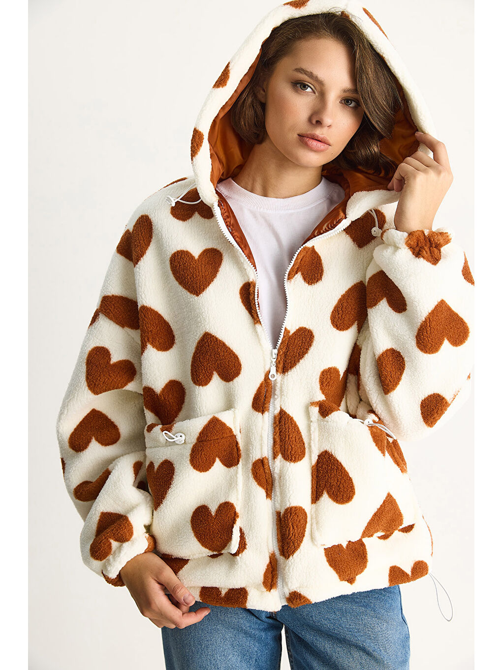 Lila Kadın Kalpli Kapüşonlu Oversize Pelüş Mont RI-2