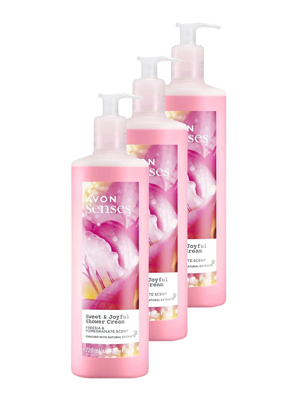 AVON Renksiz Senses Sweat & Joyful Frezya ve Nar Kokulu Krem Duş Jeli 720 Ml. Üçlü Set