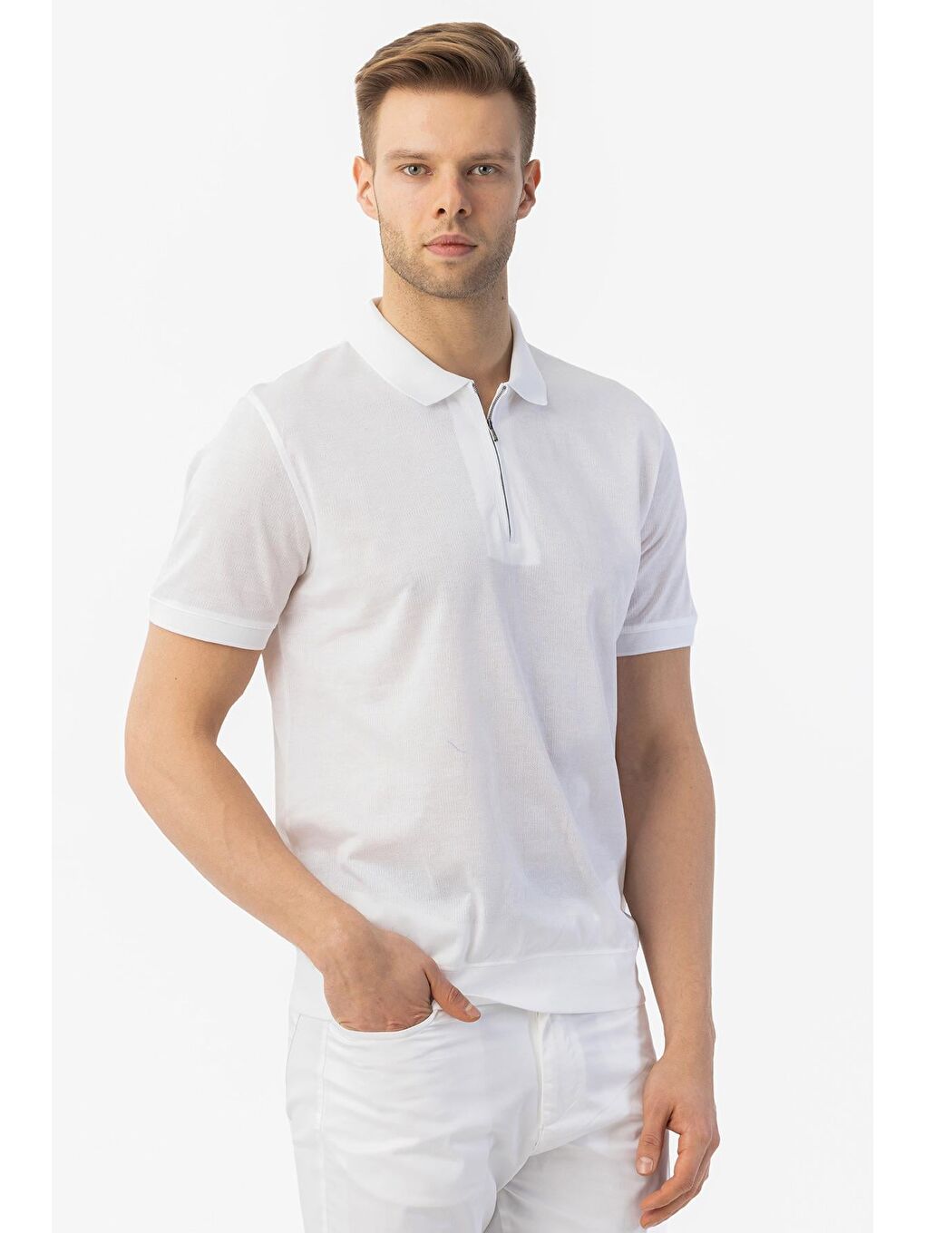 Giotelli Beyaz Regular Fit %100 Pamuk Fermuarlı Polo Yaka Erkek Tişört-1