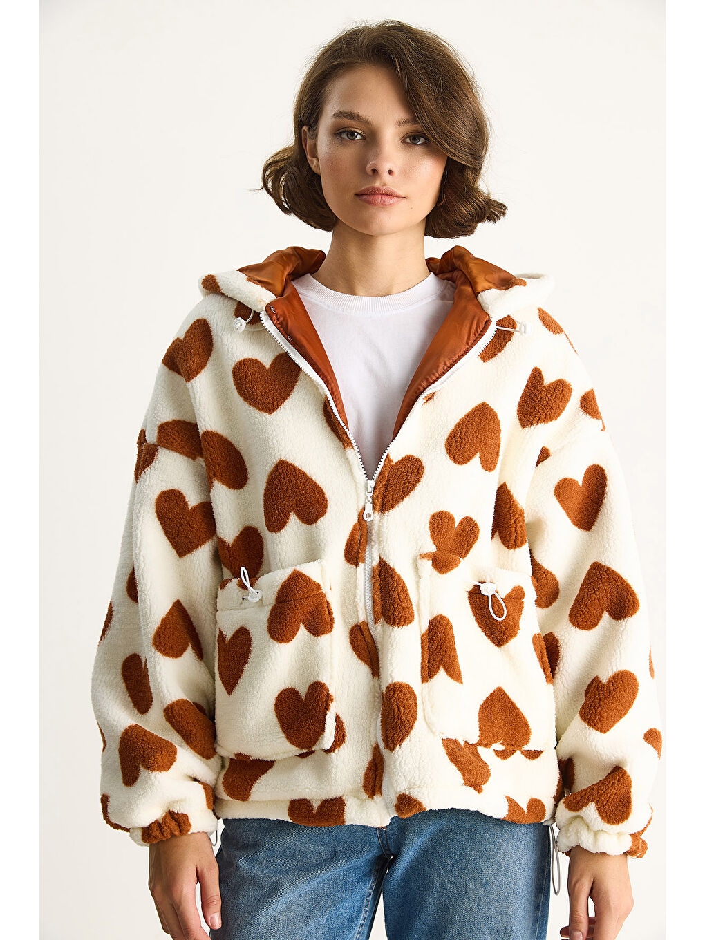 Lila Kadın Kalpli Kapüşonlu Oversize Pelüş Mont RI-4