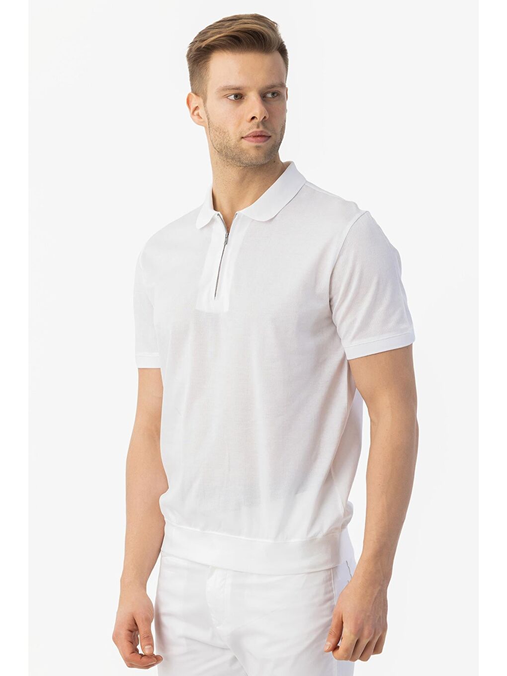 Giotelli Beyaz Regular Fit %100 Pamuk Fermuarlı Polo Yaka Erkek Tişört-2